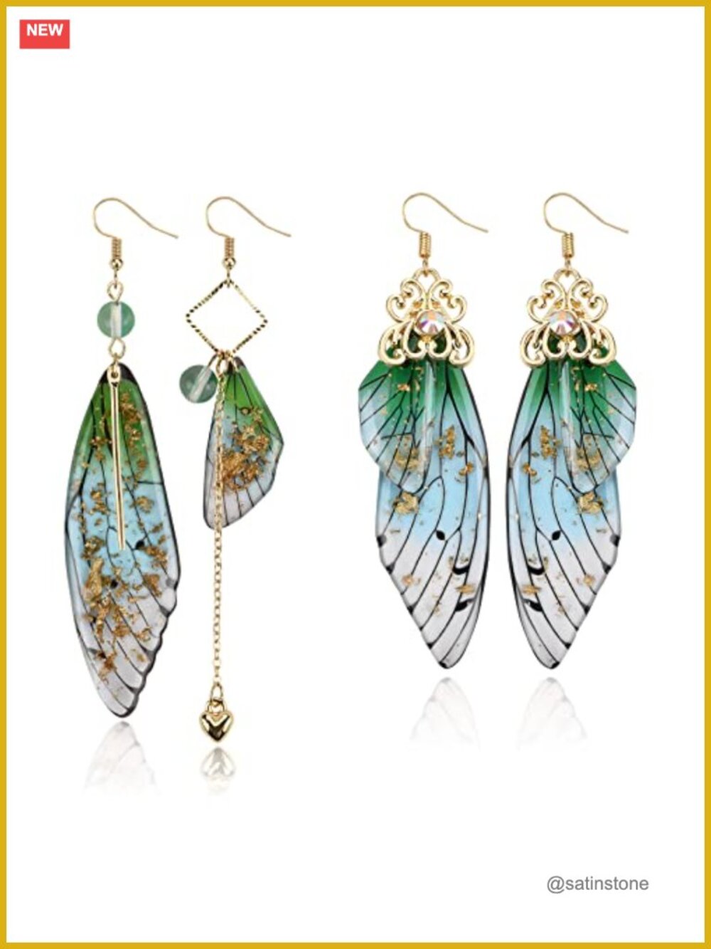 14K Gold Foil Butterfly Fairy Wing Dangle Earrings Set for Women